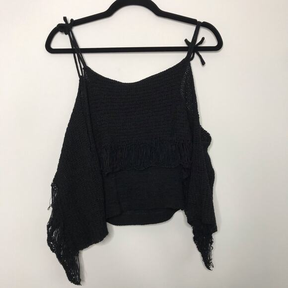 New SomeDays Lovin XSmall XS Black Crochet Off the Shoulder Knit Top Boho Fringe - Picture 2 of 8